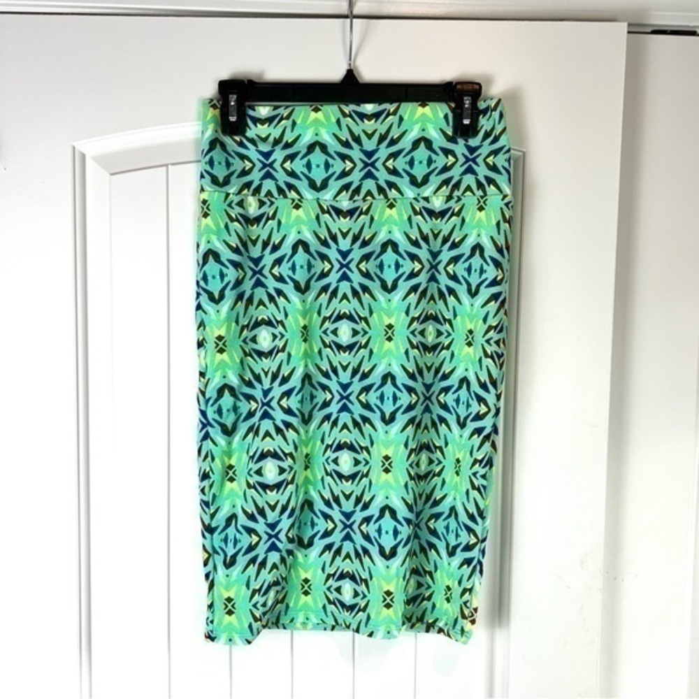 Lularoe Womens Cassie Pencil Skirt Green Blue Geometric Stretch Pull On S